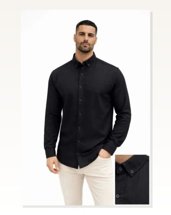 Erkek KETEN Kumaş Oversize Uzun Kollu Rahat Kalıp Gömlek Siyah