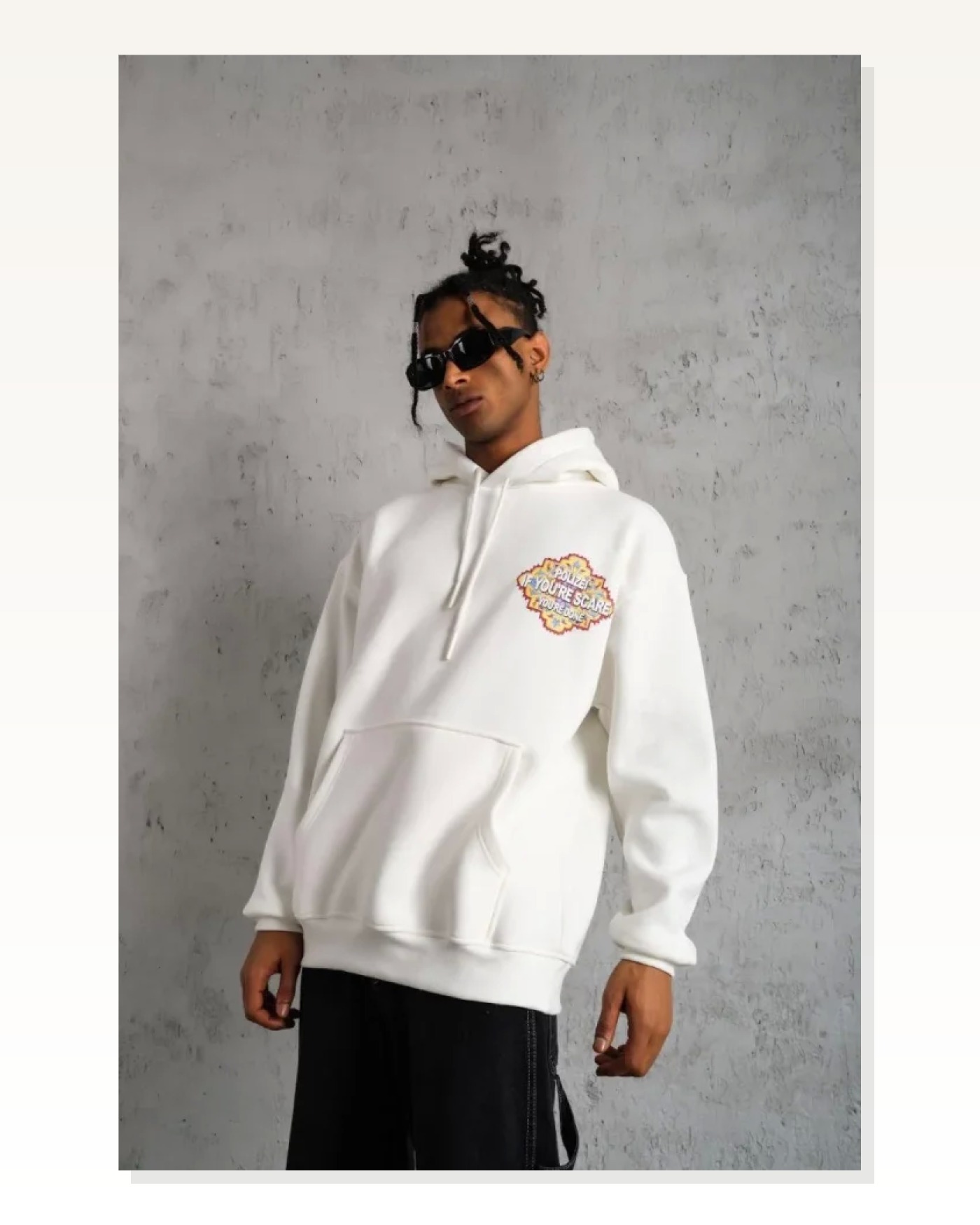 Erkek Sokak Stili Kilim Desen Kapüşonlu Sweat- Beyaz Marketplace blank