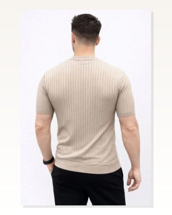 Erkek Kısa Kol Fitilli Triko T-shirt Yazlık Hakim Yaka Tişört Bej