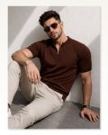Erkek Kısa Kol Fitilli Triko T-shirt Yazlık Hakim Yaka Tişört Kahverengi