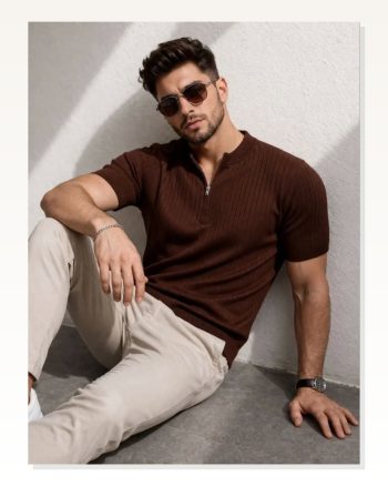 Erkek Kısa Kol Fitilli Triko T-shirt Yazlık Hakim Yaka Tişört Kahverengi
