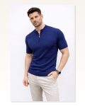 Erkek Kısa Kol Fitilli Triko T-Shirt Yazlık Hakim Yaka Tişört – Lacivert Marketplace