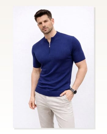 Erkek Kısa Kol Fitilli Triko T-shirt Yazlık Hakim Yaka Tişört Lacivert