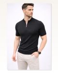 Erkek Kısa Kol Fitilli Triko T-shirt Yazlık Hakim Yaka Tişört Siyah