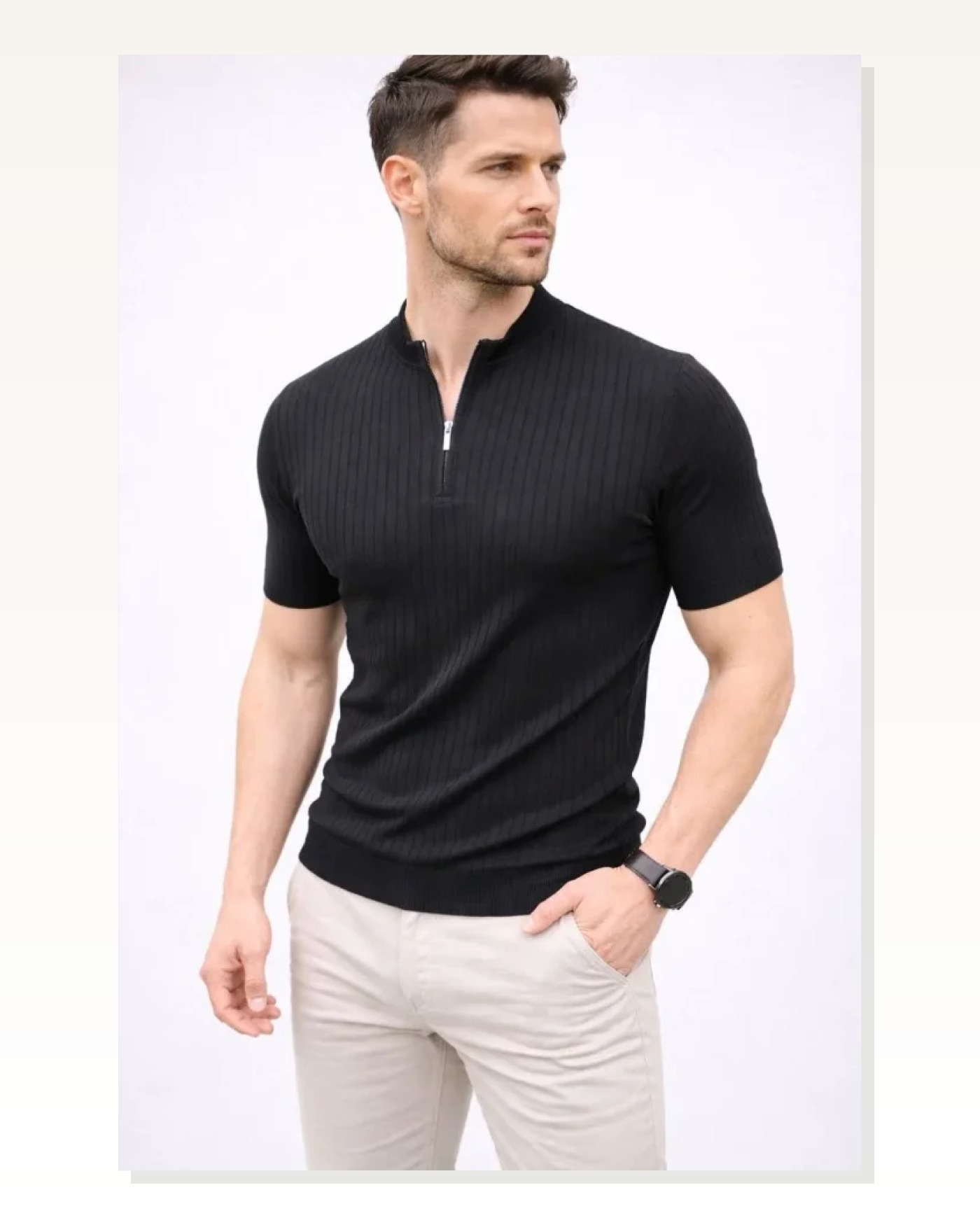 Erkek Kısa Kol Fitilli Triko T-Shirt Yazlık Hakim Yaka Tişört - Siyah Marketplace blank