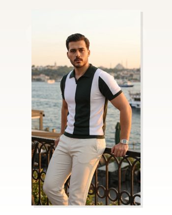 Erkek Kısa Kollu Polo Yakalı Blok Desenli Triko Bluz