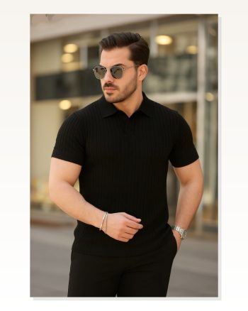 Erkek Kısa Kollu Yakalı Çizgi Desenli Triko Bluz