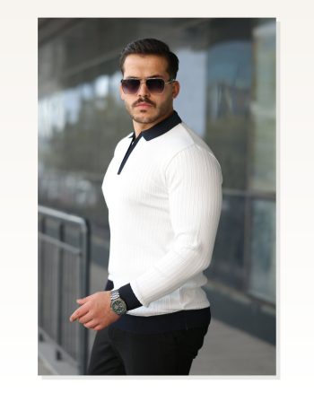 Erkek Modern Stil Kol ve Yaka Detaylı Uzun Kollu Triko