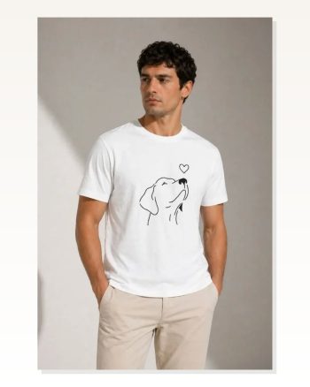 Erkek Köpek Figürlü Minimal Baskılı Tişört Kısa Kol Yazlık T-shirt Beyaz