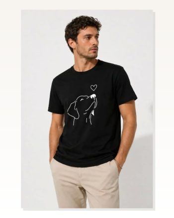 Erkek Köpek Figürlü Minimal Baskılı Tişört Kısa Kol Yazlık T-shirt Siyah