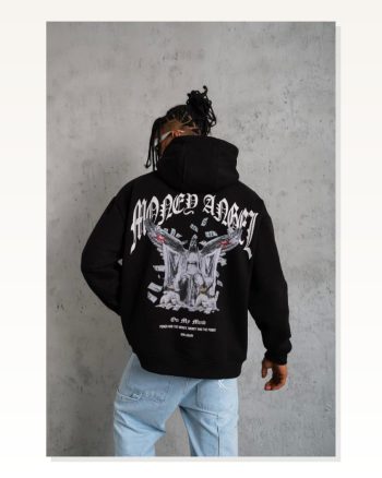 Erkek Baskılı Günlük Stil Siyah Kordon İpli Kapüşonlu Sweatshirt