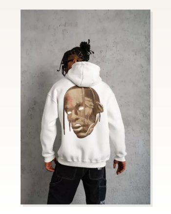 Erkek Maske İllüstrasyon Baskılı Beyaz Kordonlu Hoodie