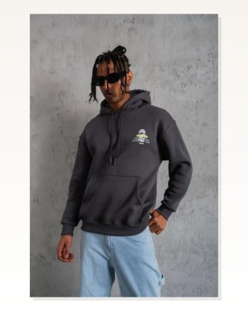 Erkek Baskılı Gri Kordonlu Maske Kapüşonlu Sweat