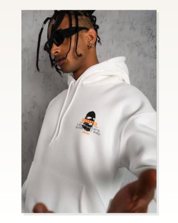 Erkek Maske İllüstrasyon Baskılı Beyaz Kordonlu Kapüşonlu Sweatshirt