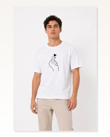 Erkek Kore Parmak Kalp Aşk Temalı Minimal Baskılı Tişört Yazlık Kısa Kol T-shirt Beyaz