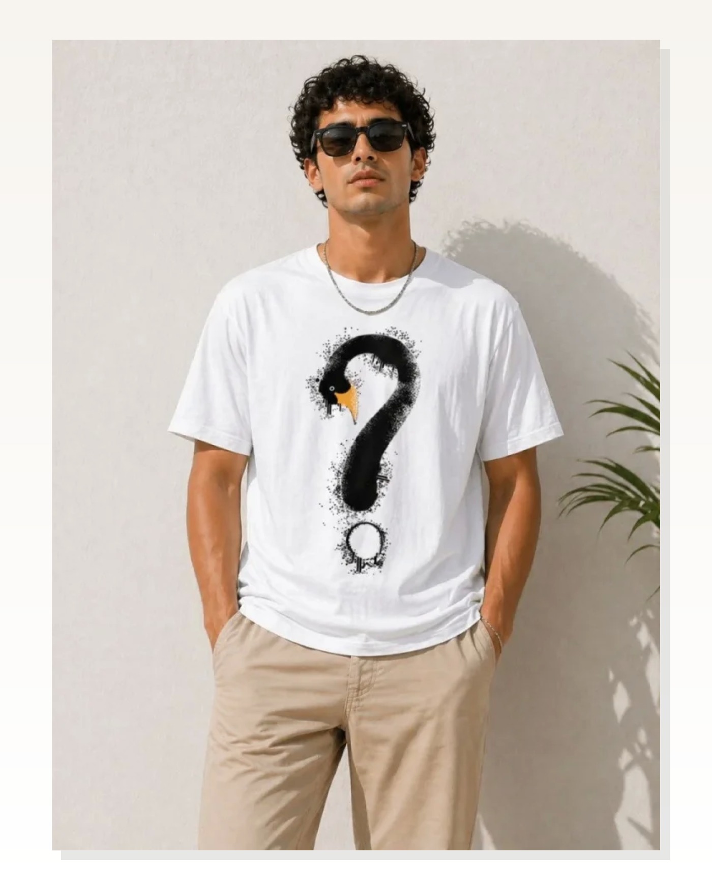 Erkek Kuğu Figürlü Soru İşareti Baskılı Tişört Kısa Kol T-Shirt - Beyaz Marketplace blank