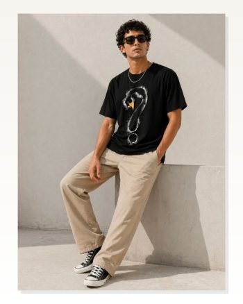 Erkek Kuğu Figürlü Soru İşareti Baskılı Tişört Kısa Kol T-shirt Siyah