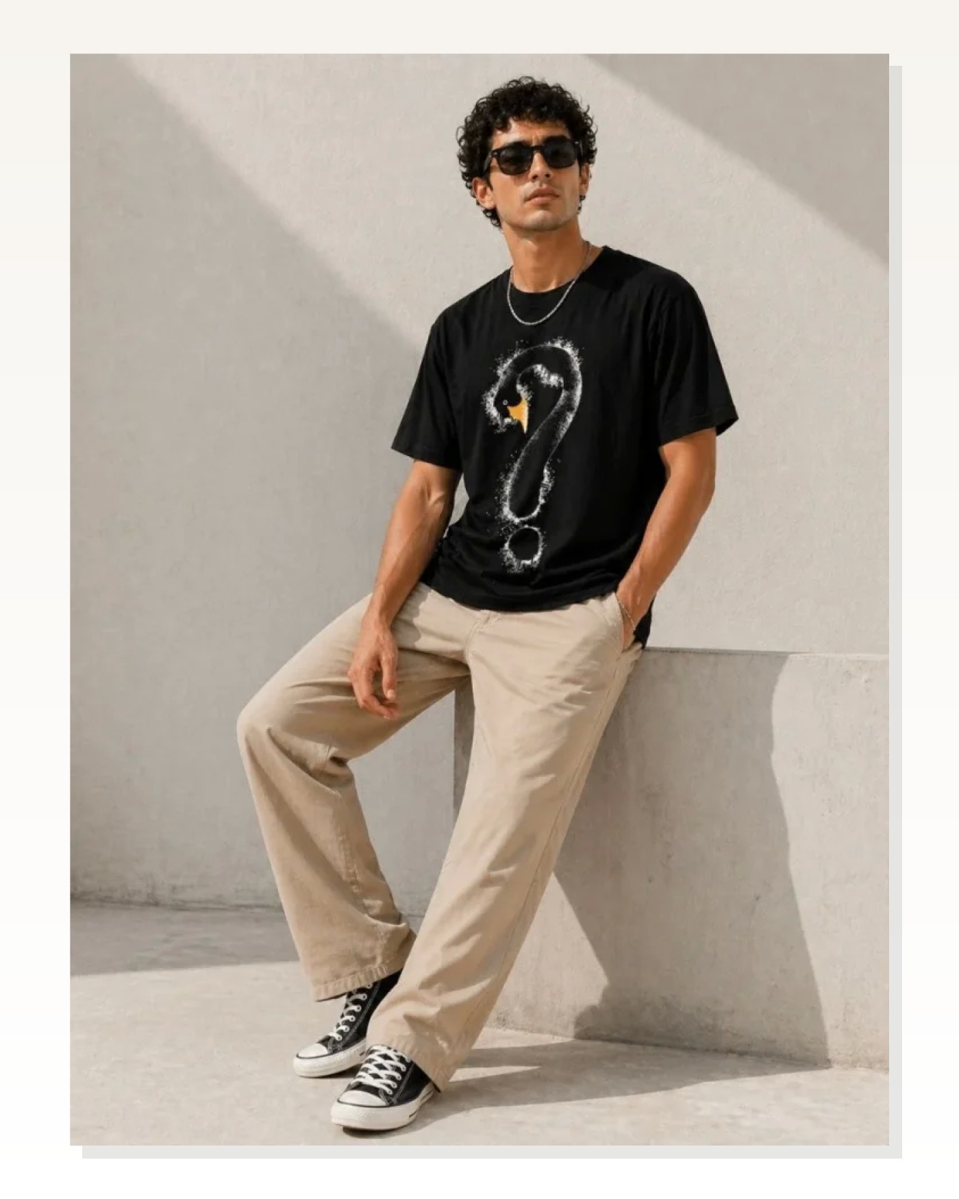 Erkek Kuğu Figürlü Soru İşareti Baskılı Tişört Kısa Kol T-Shirt - Siyah Marketplace blank