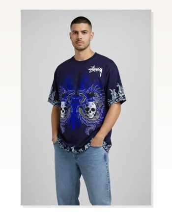 Erkek Baskılı Günlük Stil Lacivert Dragon Kuru Kafa Bisiklet Yaka Streetwear Tişört Oversize