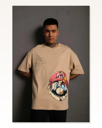 Erkek Baskılı Günlük Stil Bej Mario Oversize Tişört