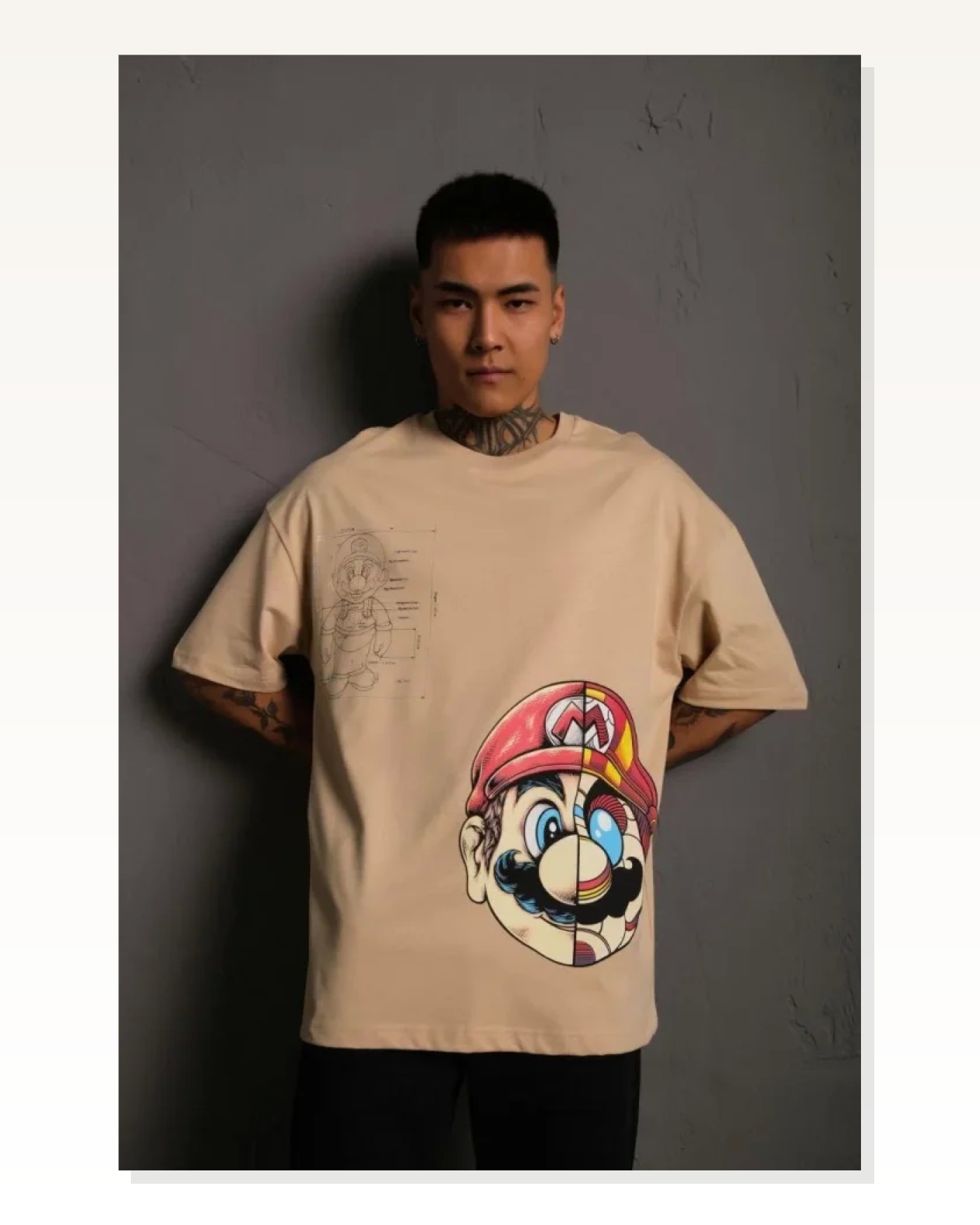 Baskılı Erkek Günlük Stil Bej Mario Oversize Tişört Marketplace blank