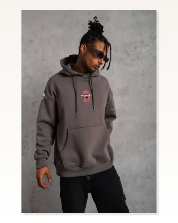 Erkek Maske İllüstrasyon Baskılı Gri Kordonlu Kapüşonlu Sweatshirt