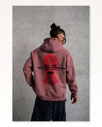 Erkek Maske Baskılı Kapüşonlu Sweat Gül Kurusu