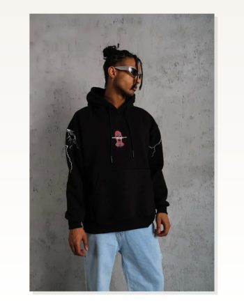 Erkek Baskılı Siyah Maske Kapüşonlu Sweat