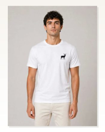 Erkek Minimal Geyik Logolu Tişört Bisiklet Yaka Kısa Kol Yazlık T-shirt Beyaz