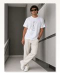 Erkek Minimal Gitar Baskılı Tişört T-shirt Yazlık Kısa Kol Bisiklet Yaka Beyaz