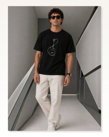 Erkek Minimal Gitar Baskılı Tişört T-shirt Yazlık Kısa Kol Bisiklet Yaka Siyah