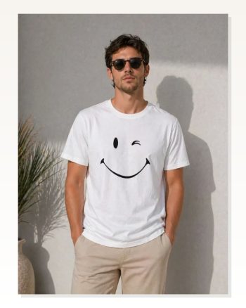 Erkek Minimal Gülümseyen Yüz Baskılı Tişört Kısa Kol Yazlık T-shirt Beyaz