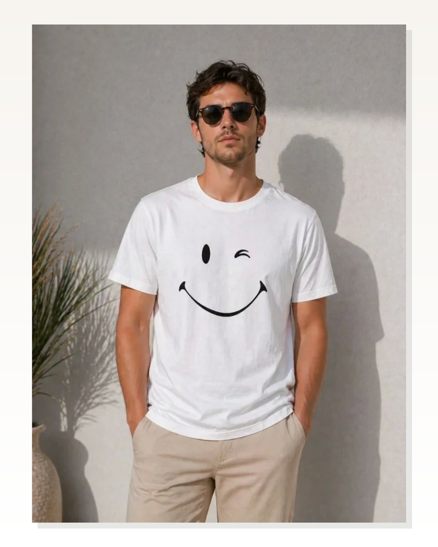 Erkek Minimal Gülümseyen Yüz Baskılı Tişört Kısa Kol Yazlık T-Shirt - Beyaz Marketplace blank