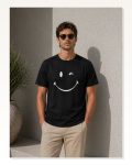 Erkek Minimal Gülümseyen Yüz Baskılı Tişört Kısa Kol Yazlık T-shirt Siyah