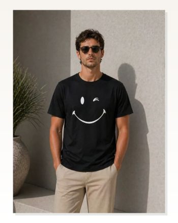 Erkek Minimal Gülümseyen Yüz Baskılı Tişört Kısa Kol Yazlık T-shirt Siyah
