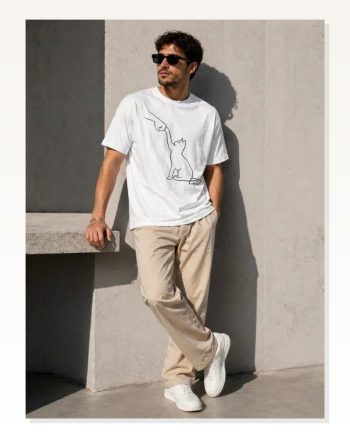 Erkek Minimal Kedi Çizim Baskılı Tişört Kısa Kol Yazlık T-shirt Beyaz