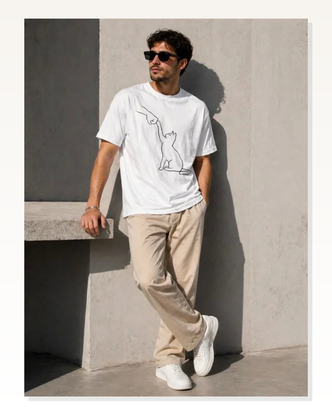 Erkek Minimal Kedi Çizim Baskılı Tişört Kısa Kol Yazlık T-Shirt - Beyaz Marketplace blank