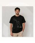 Erkek Minimal Kedi Çizim Baskılı Tişört Kısa Kol Yazlık T-shirt Siyah