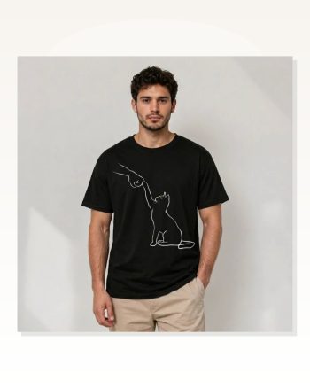 Erkek Minimal Kedi Çizim Baskılı Tişört Kısa Kol Yazlık T-shirt Siyah