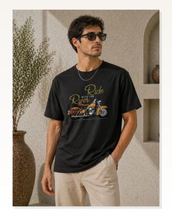 Erkek Motosiklet Baskılı Tişört Bisiklet Yaka Kısa Kol Yazlık T-shirt Siyah