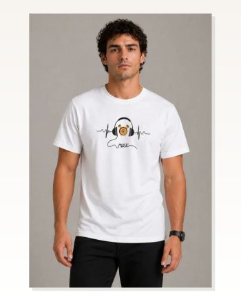 Erkek Müzik Temalı Baskılı Tişört Bisiklet Yaka Kısa Kol T-shirt Beyaz