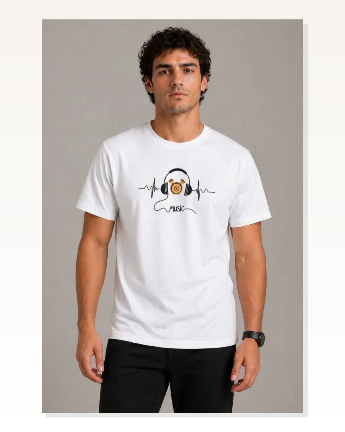 Erkek Müzik Temalı Baskılı Tişört Bisiklet Yaka Kısa Kol T-Shirt - Beyaz Marketplace blank