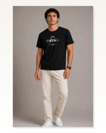 Erkek Müzik Temalı Baskılı Tişört Bisiklet Yaka Kısa Kol T-shirt Siyah