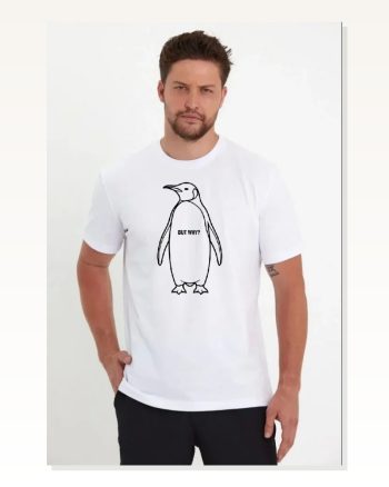Erkek Salaş Stil Beyaz Nihilist Penguen Özel Tasarım Oversize Bisiklet Yaka Tişört