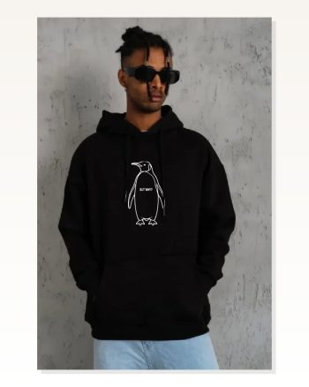 Erkek Salaş Stil Siyah Nihilist Penguen Özel Tasarım Oversize Kapüşonlu Sweatshirt