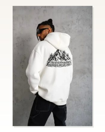Erkek Salaş Stil Beyaz Nihilist Penguen Temalı Oversize Kapüşonlu Sweatshirt