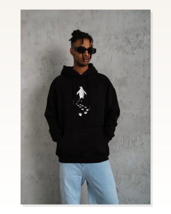 Erkek Salaş Stil Siyah Nihilist Penguen Temalı Oversize Kapüşonlu Sweatshirt