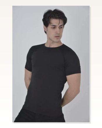 Erkek Omuz File Geçişli Siyah Sportif Slim Fit Tişört