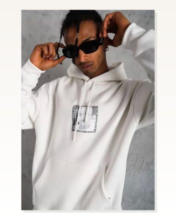 Erkek Çift Yönlü Ön Arka Baskılı Günlük Stil Beyaz Kapüşonlu Sweatshirt