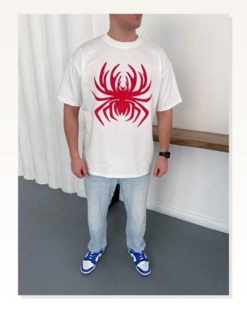 Erkek Örümcek Baskılı Tişört Kısa Kollu Bisiklet Yaka T-shirt Beyaz